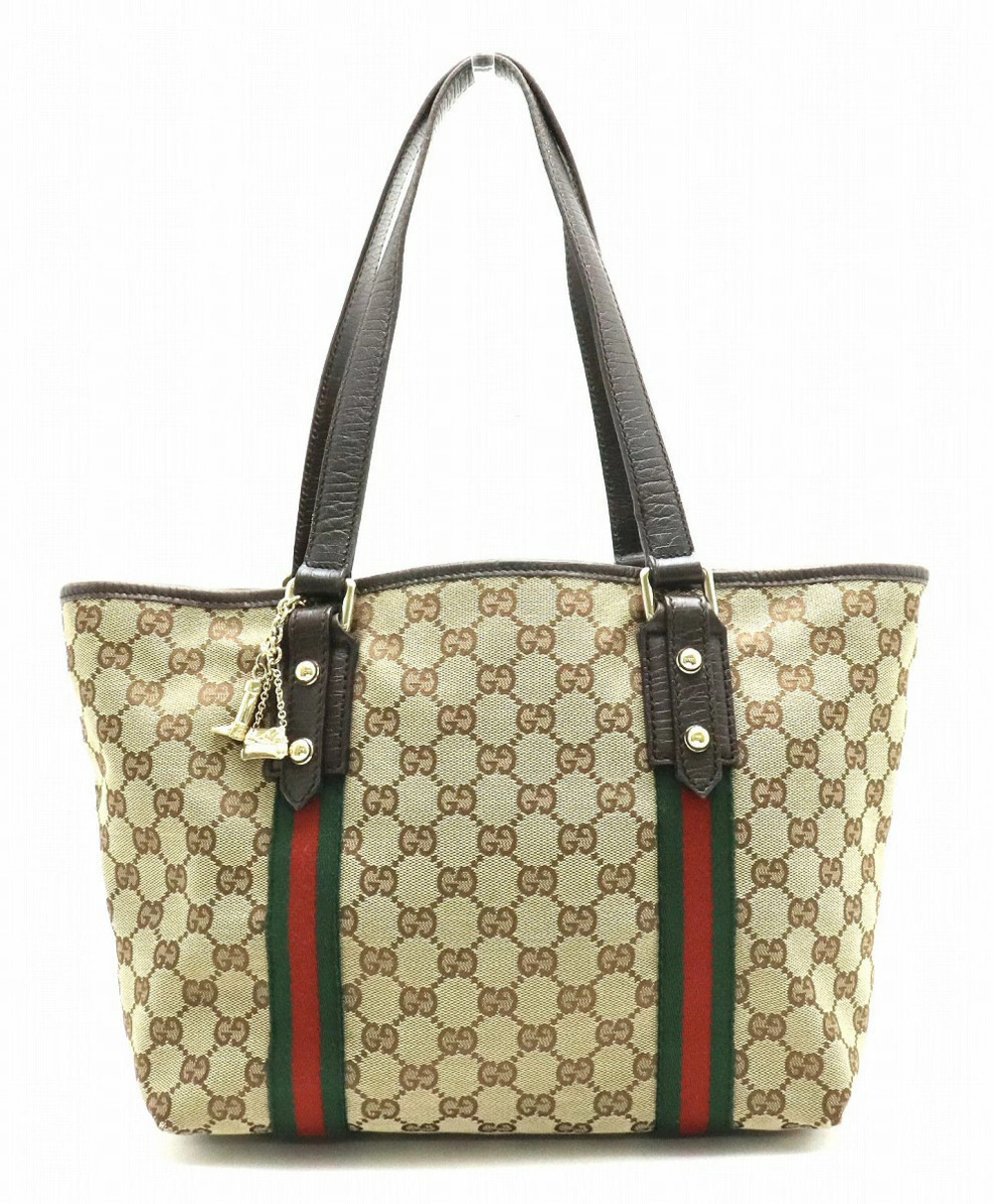 Gucci GG Canvas Tote Bag Shoulder Leather Beige Brown Cream Charm